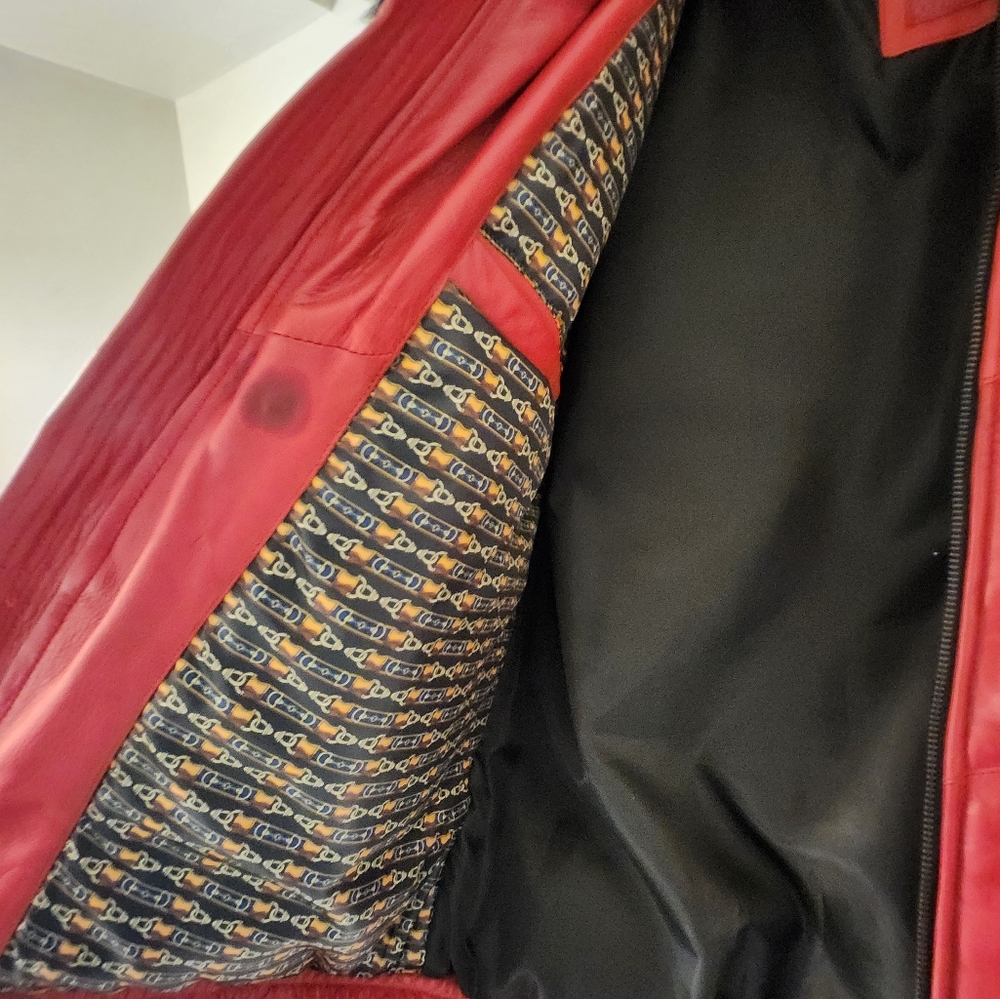 Luxury Mens Red Lamb Leather parka with black fox collar - Picture 2 of 4